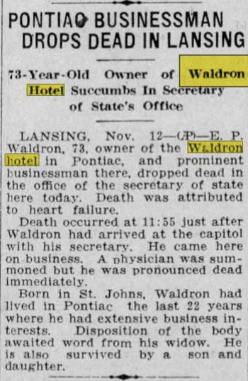 Waldron Hotel - Nov 12 1932 Article - Former Owner Passes Away (newer photo)